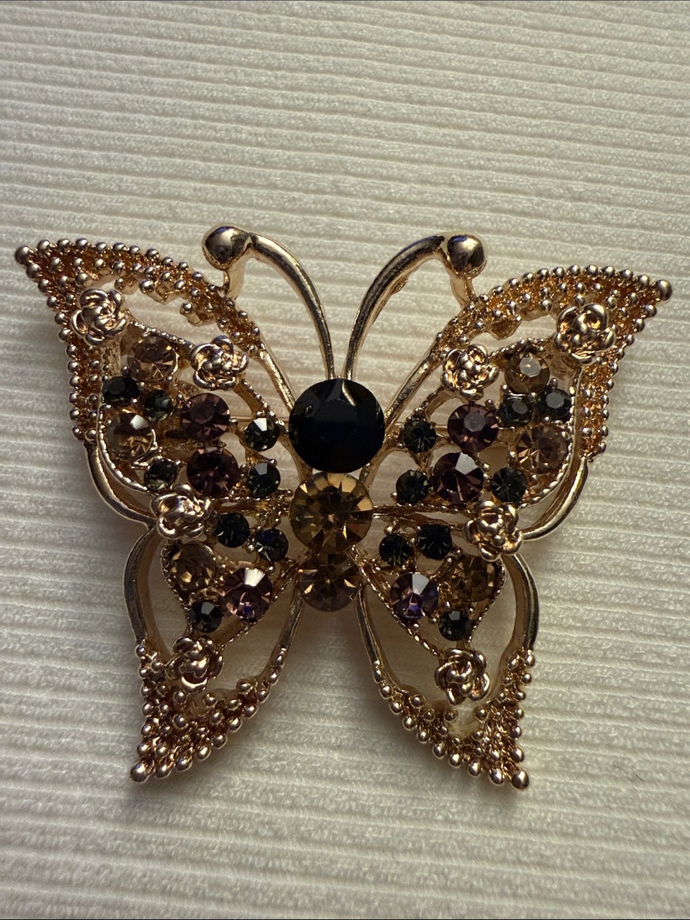 Gold Butterfly Brooch with Black and Smoky Rhinestones